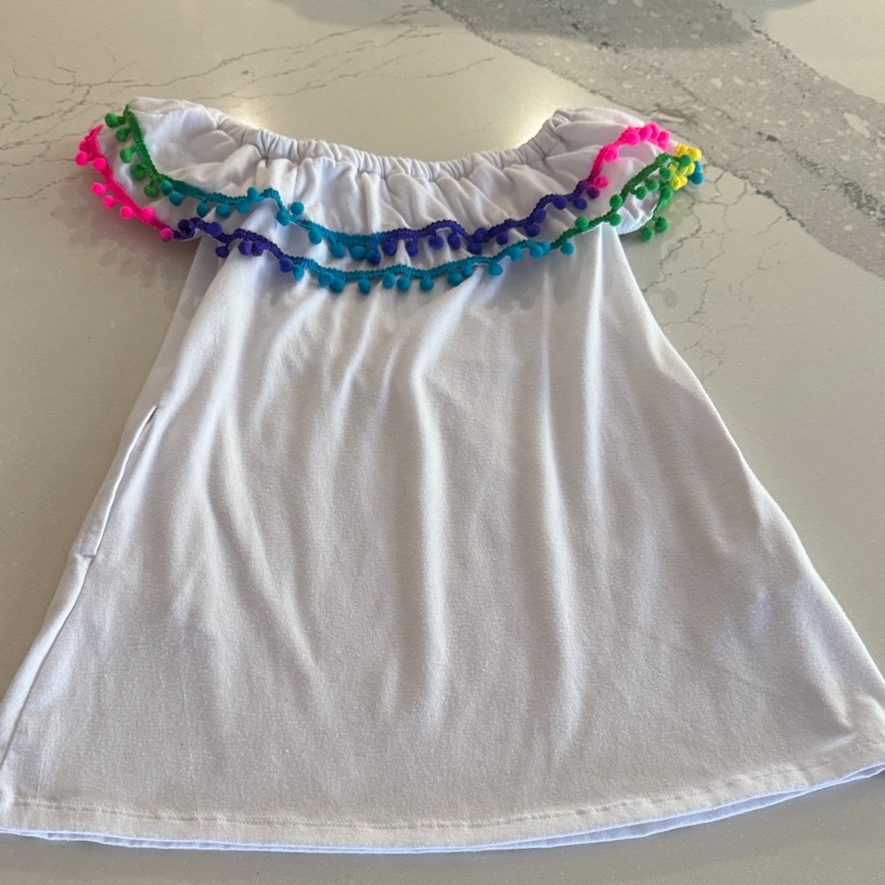 White Swim Cover Up Dress with Colorful Pom Pom Trim and Pockets!